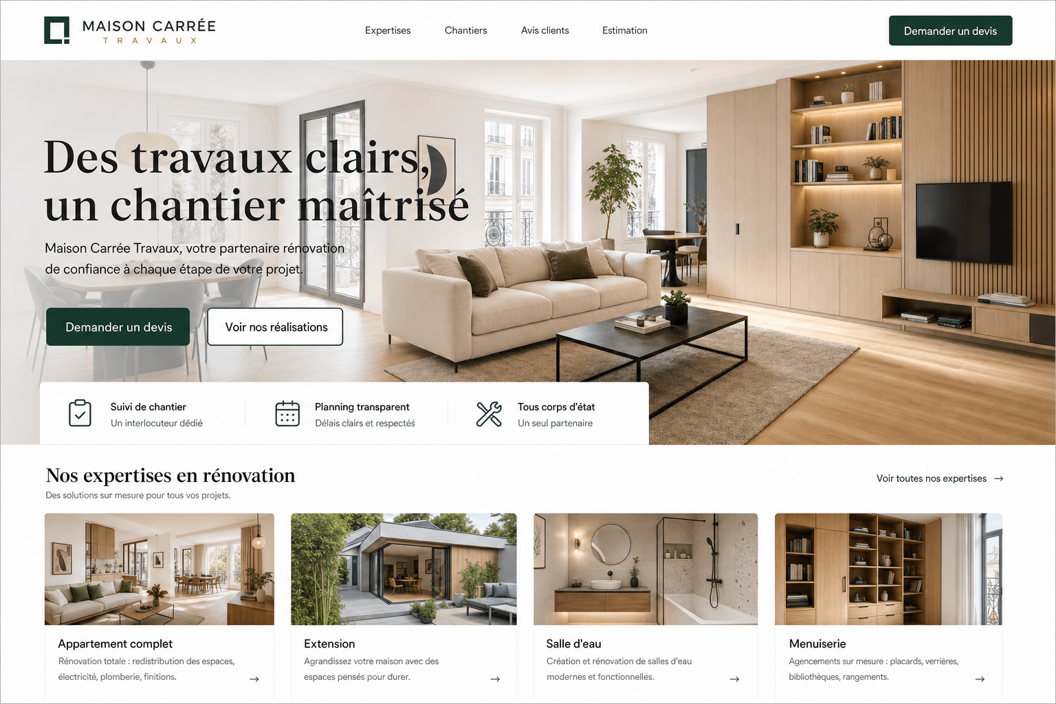 Maquette WeBTPstudio d'un site vitrine pour un artisan en rénovation intérieure